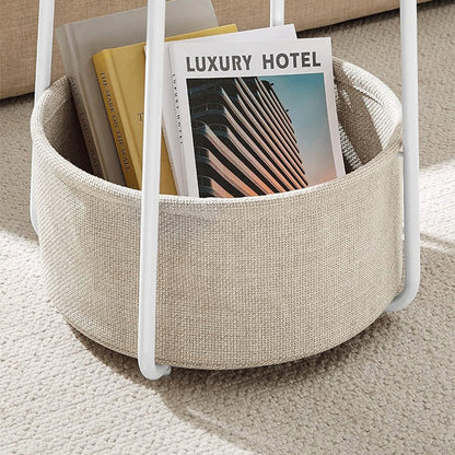 Modern Minimalist Metal Round Side Table With Fabric Basket Storage 2-Tier For Bedroom & Living Room