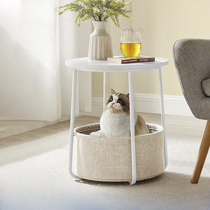 Modern Minimalist Metal Round Side Table With Fabric Basket Storage 2-Tier For Bedroom & Living Room
