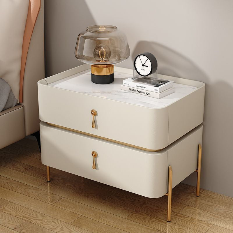Modern Minimalist Carbon Steel, Rock Slab & Wood Rectangular Nightstand 2-Drawer For Bedroom & Living Room