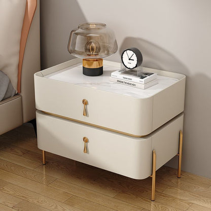 Modern Minimalist Carbon Steel, Rock Slab & Wood Rectangular Nightstand 2-Drawer For Bedroom & Living Room