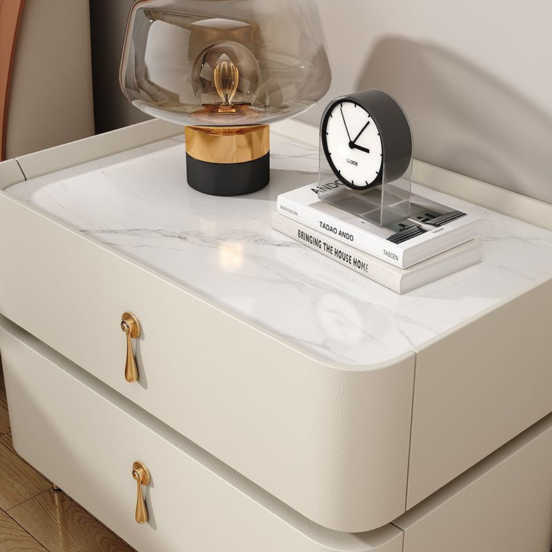 Modern Minimalist Carbon Steel, Rock Slab & Wood Rectangular Nightstand 2-Drawer For Bedroom & Living Room