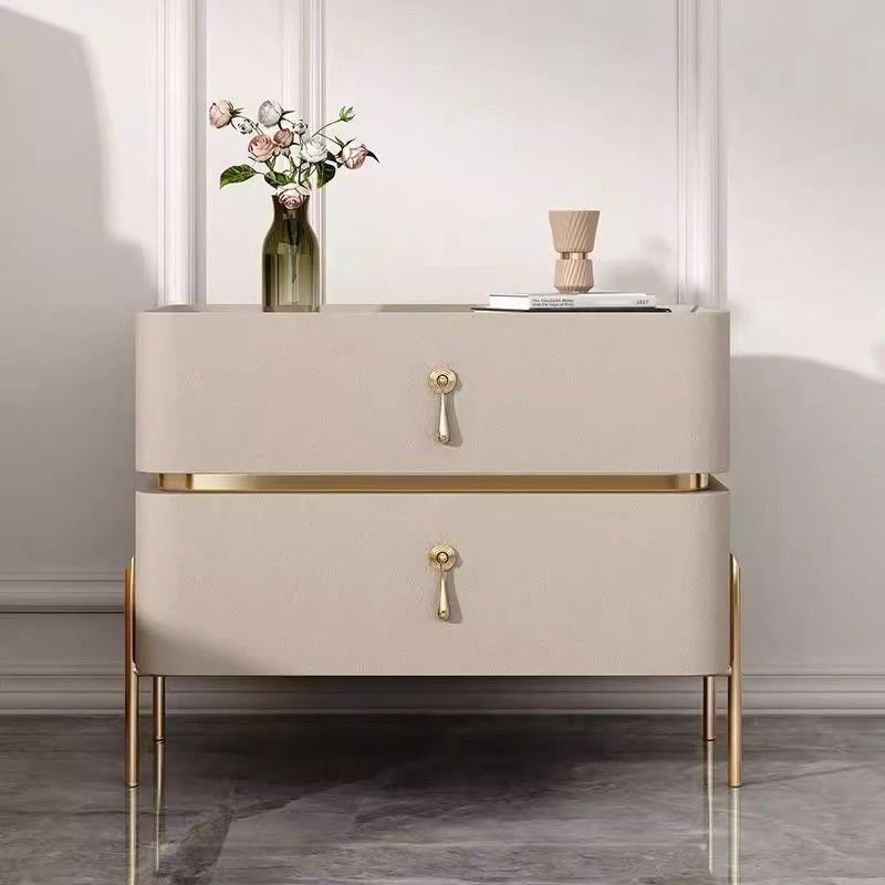 Modern Minimalist Carbon Steel, Rock Slab & Wood Rectangular Nightstand 2-Drawer For Bedroom & Living Room
