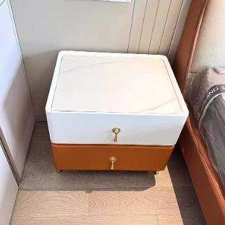 Modern Minimalist Carbon Steel, Rock Slab & Wood Rectangular Nightstand 2-Drawer For Bedroom & Living Room