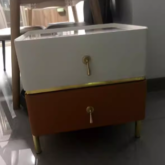 Modern Minimalist Carbon Steel, Rock Slab & Wood Rectangular Nightstand 2-Drawer For Bedroom & Living Room