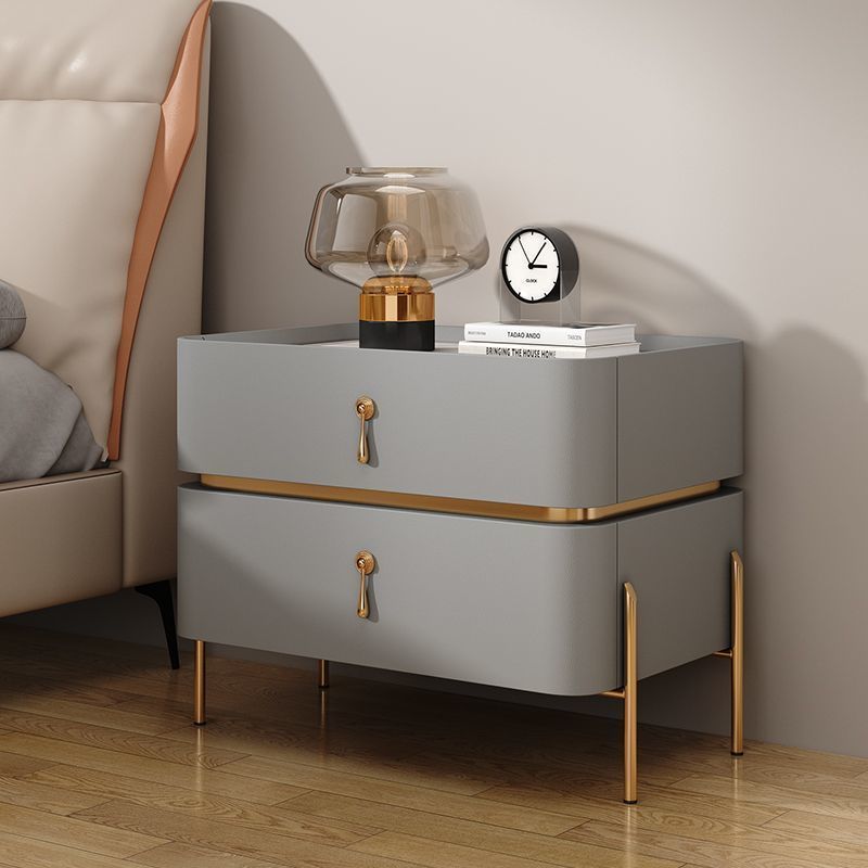 Modern Minimalist Carbon Steel, Rock Slab & Wood Rectangular Nightstand 2-Drawer For Bedroom & Living Room