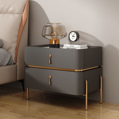Modern Minimalist Carbon Steel, Rock Slab & Wood Rectangular Nightstand 2-Drawer For Bedroom & Living Room