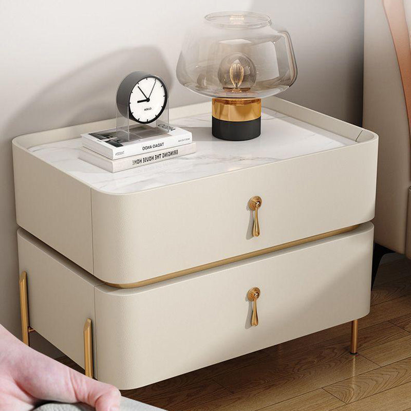 Modern Minimalist Carbon Steel, Rock Slab & Wood Rectangular Nightstand 2-Drawer For Bedroom & Living Room