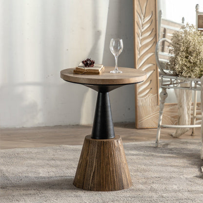 Traditional Rustic Wood & Iron Round Side Table For Bedroom & Living Room