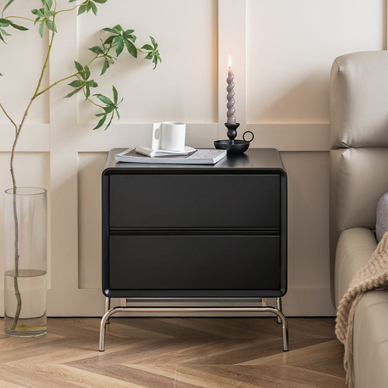 Contemporary Nordic Wood & Stainless Steel Rectangular Nightstand With 2 Drawers For Bedroom & Living Room