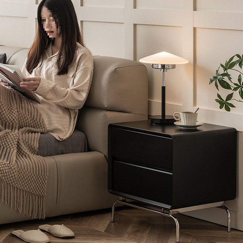 Contemporary Nordic Wood & Stainless Steel Rectangular Nightstand With 2 Drawers For Bedroom & Living Room