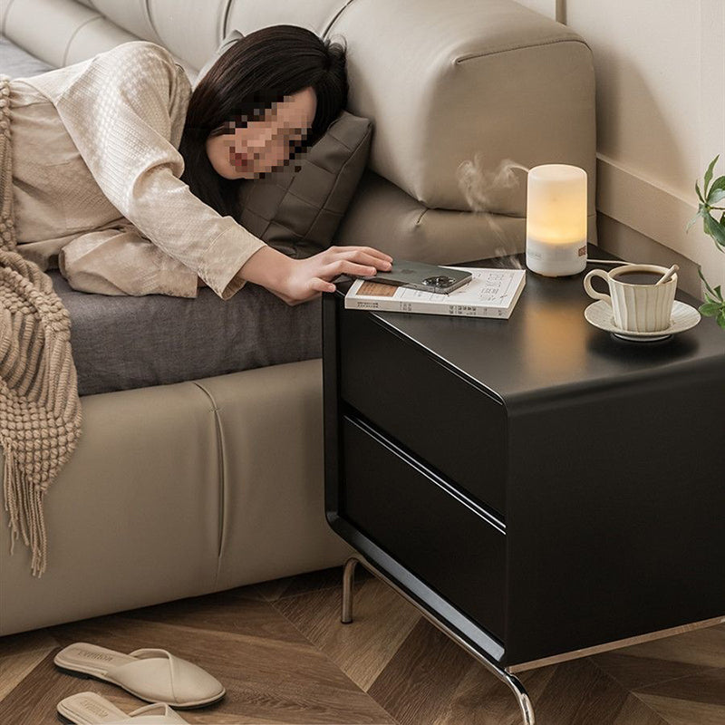 Contemporary Nordic Wood & Stainless Steel Rectangular Nightstand With 2 Drawers For Bedroom & Living Room