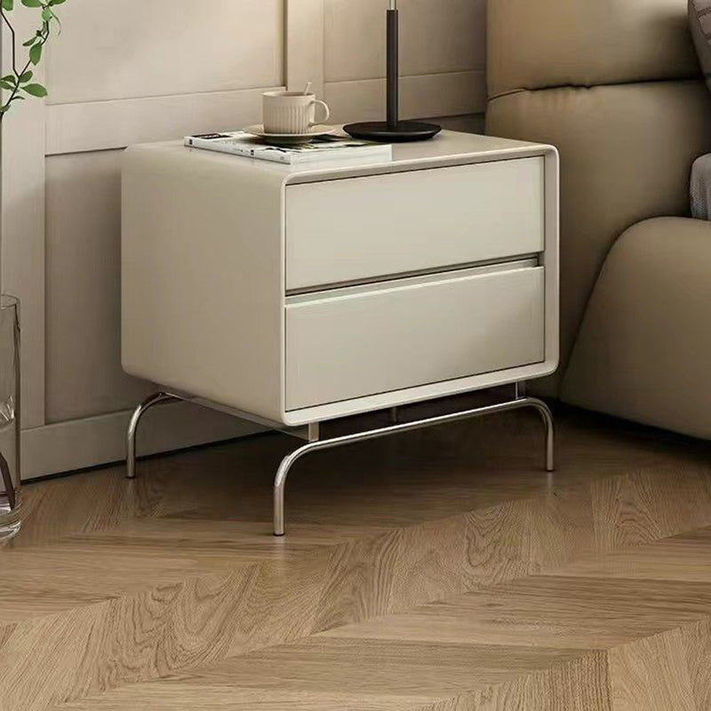 Contemporary Nordic Wood & Stainless Steel Rectangular Nightstand With 2 Drawers For Bedroom & Living Room