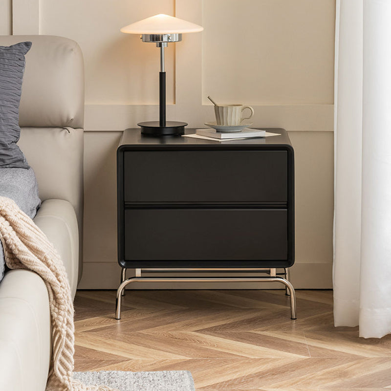 Contemporary Nordic Wood & Stainless Steel Rectangular Nightstand With 2 Drawers For Bedroom & Living Room