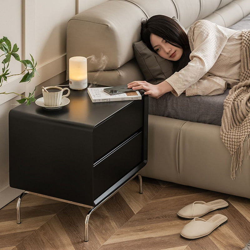 Contemporary Nordic Wood & Stainless Steel Rectangular Nightstand With 2 Drawers For Bedroom & Living Room