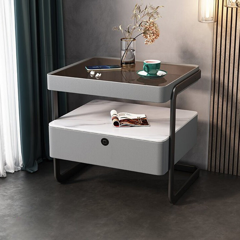 Modern Minimalist Rock Slab, Glass, PU Leather, Wood & Carbon Steel Rectangular Nightstand With 1-Drawer For Bedroom & Living Room