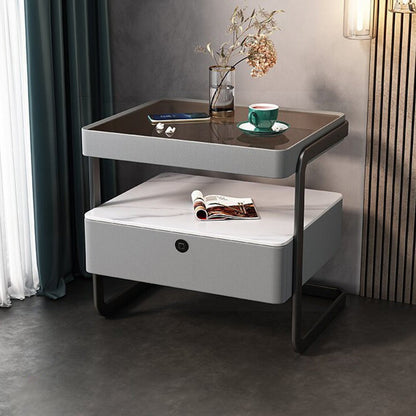 Modern Minimalist Rock Slab, Glass, PU Leather, Wood & Carbon Steel Rectangular Nightstand With 1-Drawer For Bedroom & Living Room