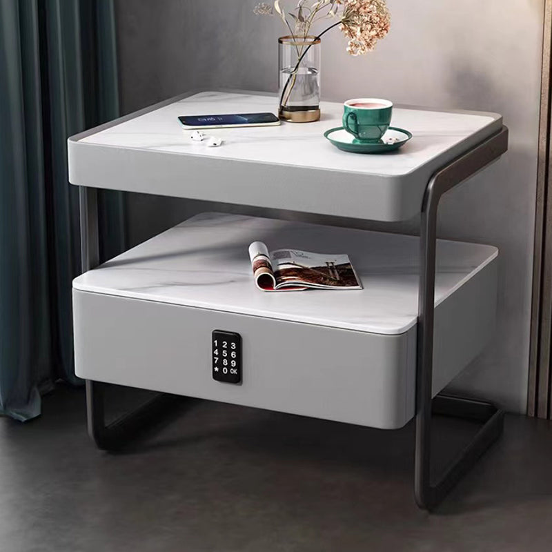 Modern Minimalist Rock Slab, Glass, PU Leather, Wood & Carbon Steel Rectangular Nightstand With 1-Drawer For Bedroom & Living Room