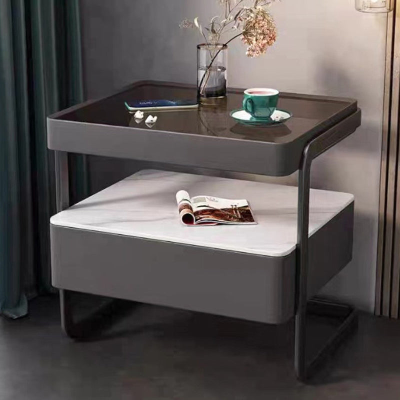 Modern Minimalist Rock Slab, Glass, PU Leather, Wood & Carbon Steel Rectangular Nightstand With 1-Drawer For Bedroom & Living Room