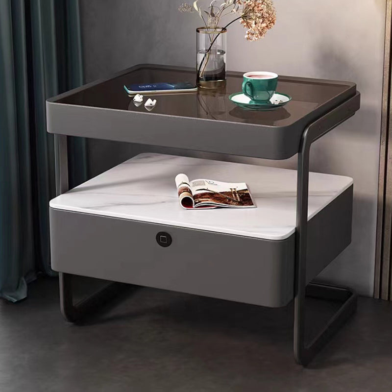 Modern Minimalist Rock Slab, Glass, PU Leather, Wood & Carbon Steel Rectangular Nightstand With 1-Drawer For Bedroom & Living Room