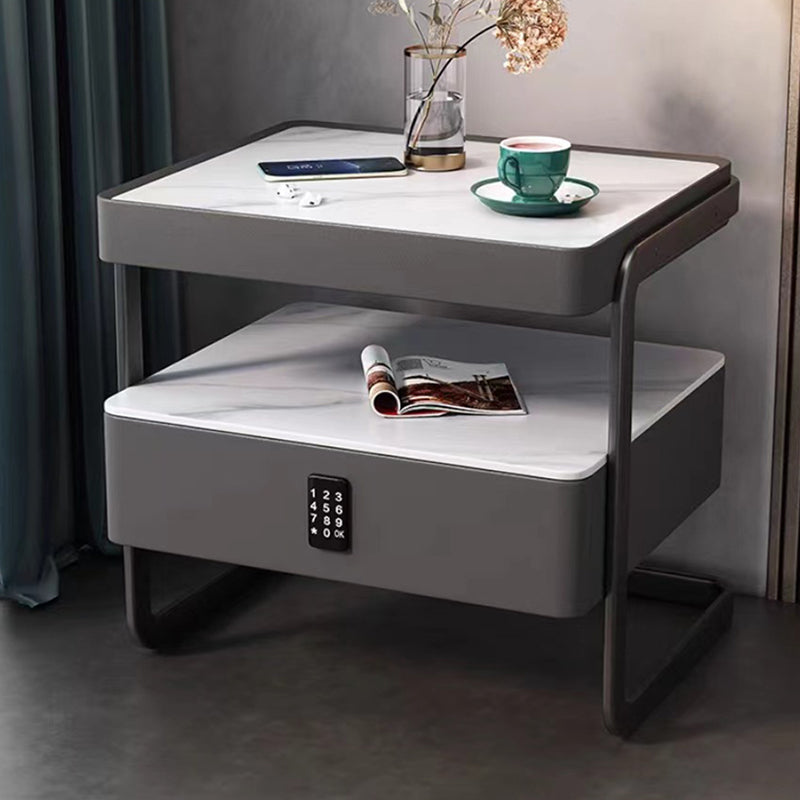 Modern Minimalist Rock Slab, Glass, PU Leather, Wood & Carbon Steel Rectangular Nightstand With 1-Drawer For Bedroom & Living Room