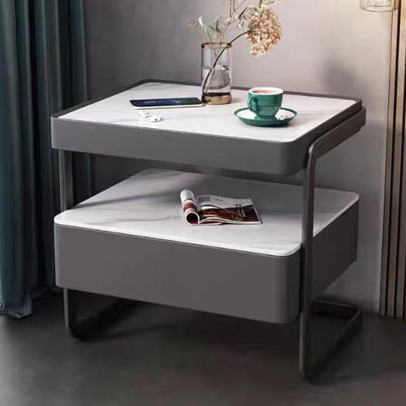 Modern Minimalist Rock Slab, Glass, PU Leather, Wood & Carbon Steel Rectangular Nightstand With 1-Drawer For Bedroom & Living Room