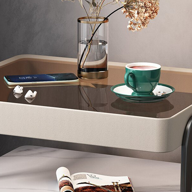 Modern Minimalist Rock Slab, Glass, PU Leather, Wood & Carbon Steel Rectangular Nightstand With 1-Drawer For Bedroom & Living Room