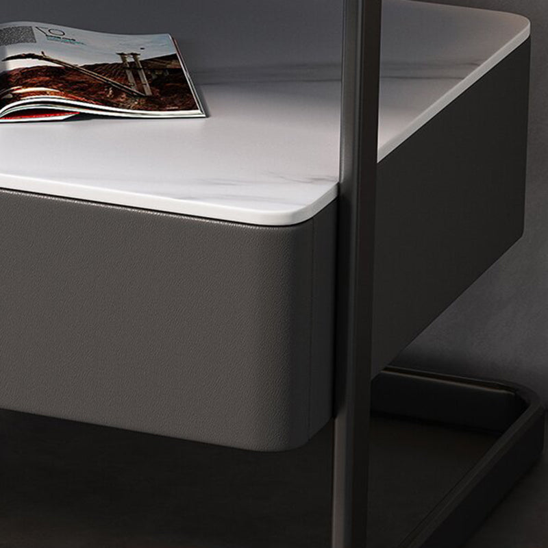 Modern Minimalist Rock Slab, Glass, PU Leather, Wood & Carbon Steel Rectangular Nightstand With 1-Drawer For Bedroom & Living Room