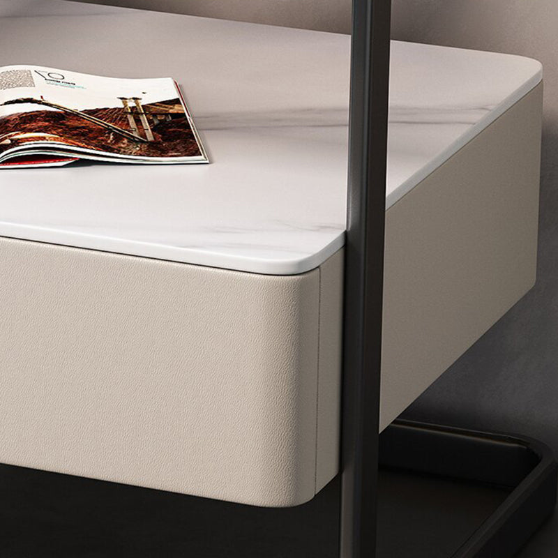 Modern Minimalist Rock Slab, Glass, PU Leather, Wood & Carbon Steel Rectangular Nightstand With 1-Drawer For Bedroom & Living Room