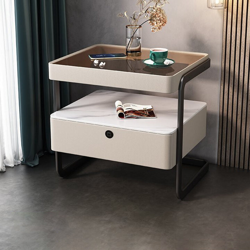 Modern Minimalist Rock Slab, Glass, PU Leather, Wood & Carbon Steel Rectangular Nightstand With 1-Drawer For Bedroom & Living Room