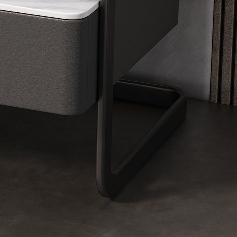 Modern Minimalist Rock Slab, Glass, PU Leather, Wood & Carbon Steel Rectangular Nightstand With 1-Drawer For Bedroom & Living Room