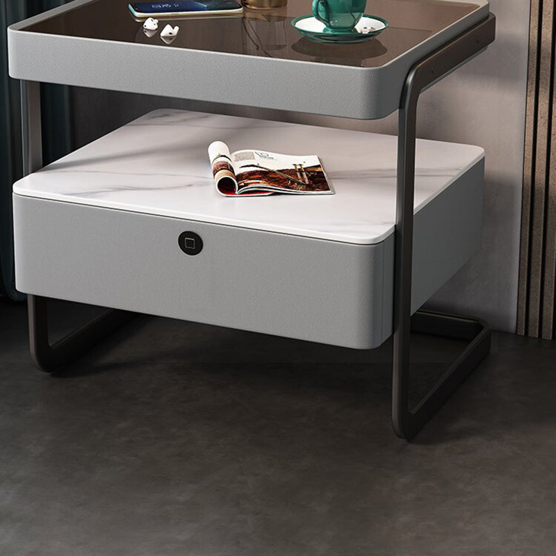 Modern Minimalist Rock Slab, Glass, PU Leather, Wood & Carbon Steel Rectangular Nightstand With 1-Drawer For Bedroom & Living Room