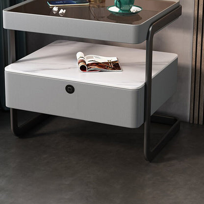 Modern Minimalist Rock Slab, Glass, PU Leather, Wood & Carbon Steel Rectangular Nightstand With 1-Drawer For Bedroom & Living Room