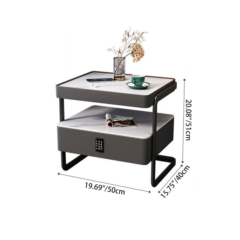 Modern Minimalist Rock Slab, Glass, PU Leather, Wood & Carbon Steel Rectangular Nightstand With 1-Drawer For Bedroom & Living Room