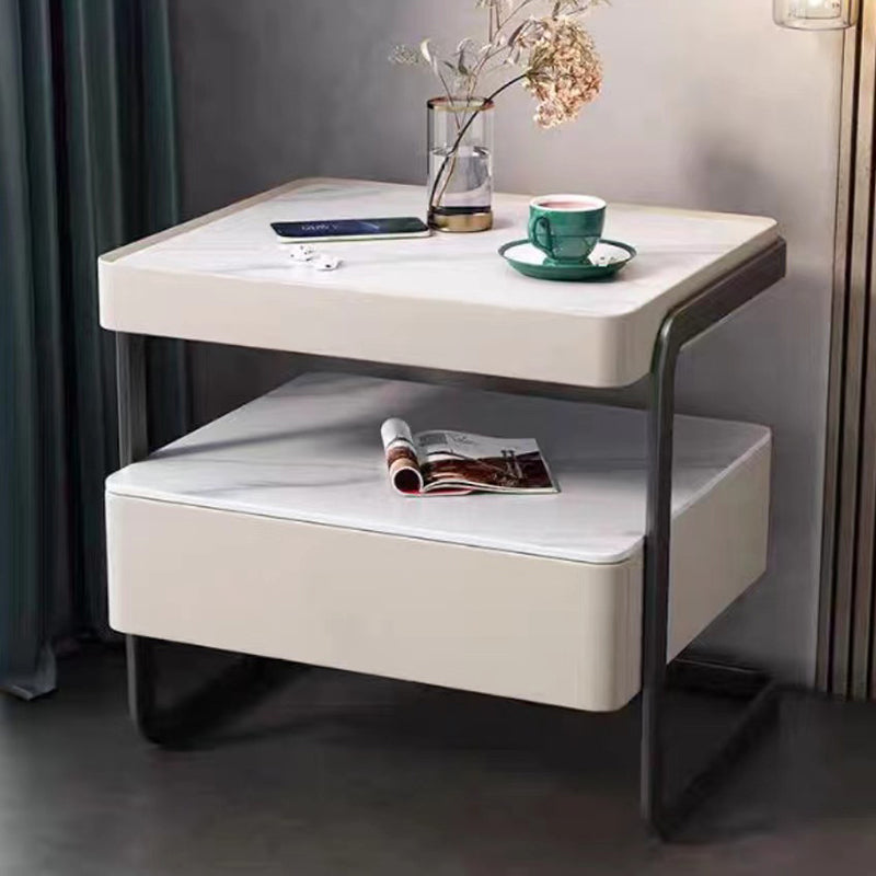 Modern Minimalist Rock Slab, Glass, PU Leather, Wood & Carbon Steel Rectangular Nightstand With 1-Drawer For Bedroom & Living Room