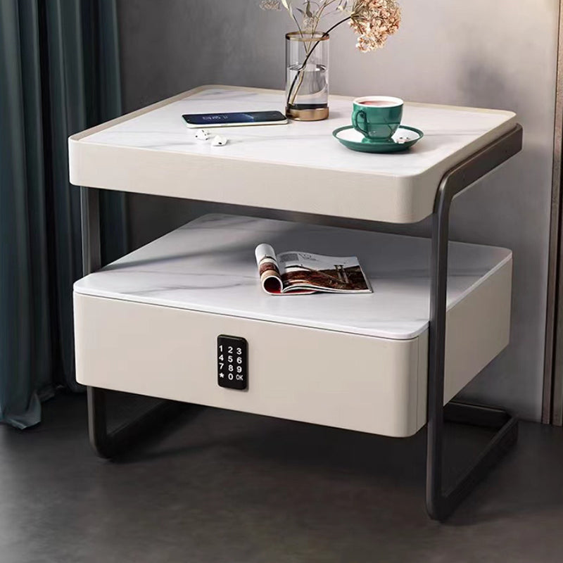 Modern Minimalist Rock Slab, Glass, PU Leather, Wood & Carbon Steel Rectangular Nightstand With 1-Drawer For Bedroom & Living Room