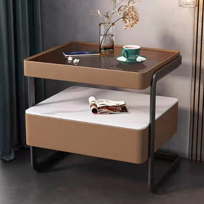 Modern Minimalist Rock Slab, Glass, PU Leather, Wood & Carbon Steel Rectangular Nightstand With 1-Drawer For Bedroom & Living Room