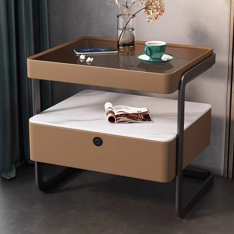 Modern Minimalist Rock Slab, Glass, PU Leather, Wood & Carbon Steel Rectangular Nightstand With 1-Drawer For Bedroom & Living Room