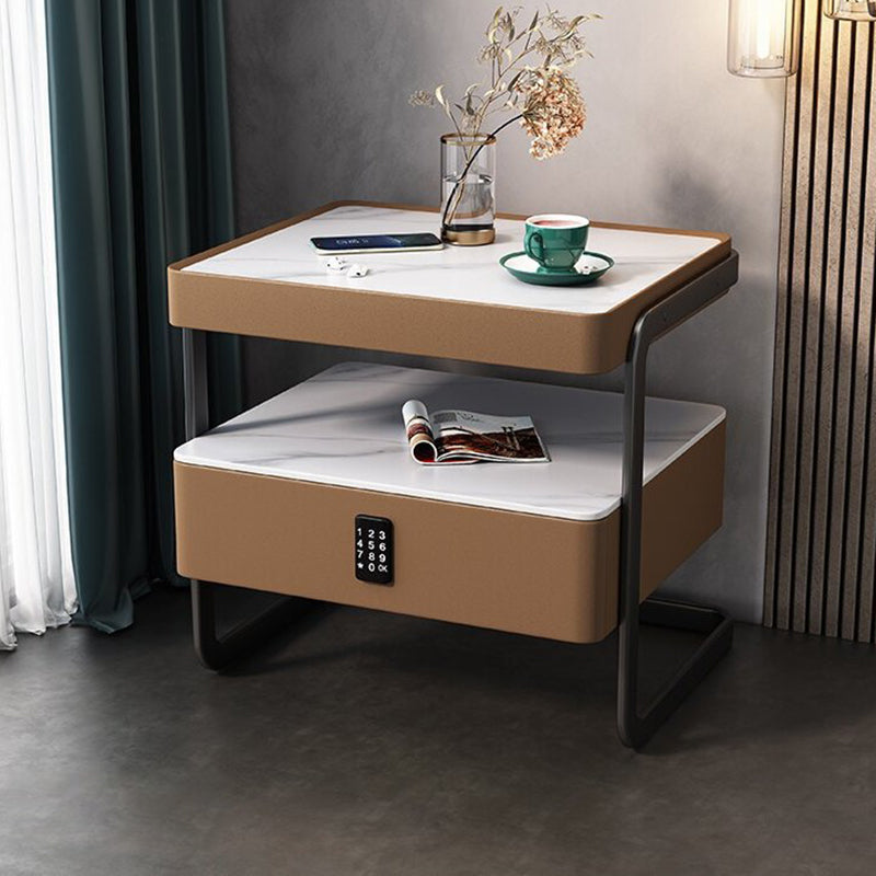 Modern Minimalist Rock Slab, Glass, PU Leather, Wood & Carbon Steel Rectangular Nightstand With 1-Drawer For Bedroom & Living Room