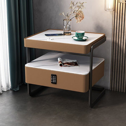 Modern Minimalist Rock Slab, Glass, PU Leather, Wood & Carbon Steel Rectangular Nightstand With 1-Drawer For Bedroom & Living Room