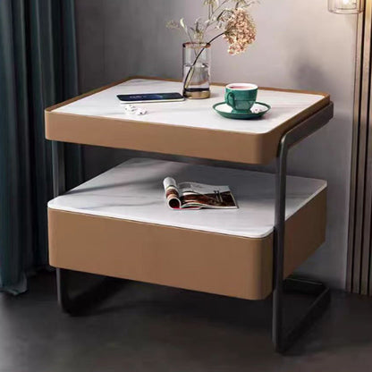 Modern Minimalist Rock Slab, Glass, PU Leather, Wood & Carbon Steel Rectangular Nightstand With 1-Drawer For Bedroom & Living Room