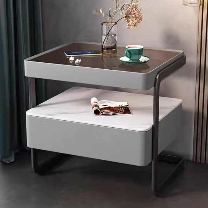 Modern Minimalist Rock Slab, Glass, PU Leather, Wood & Carbon Steel Rectangular Nightstand With 1-Drawer For Bedroom & Living Room