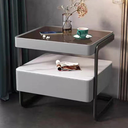 Modern Minimalist Rock Slab, Glass, PU Leather, Wood & Carbon Steel Rectangular Nightstand With 1-Drawer For Bedroom & Living Room