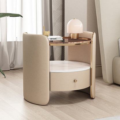 Modern Minimalist Glass, Rock Slab & Wood Round Cylinder Nightstand With 1-Drawer For Bedroom & Living Room