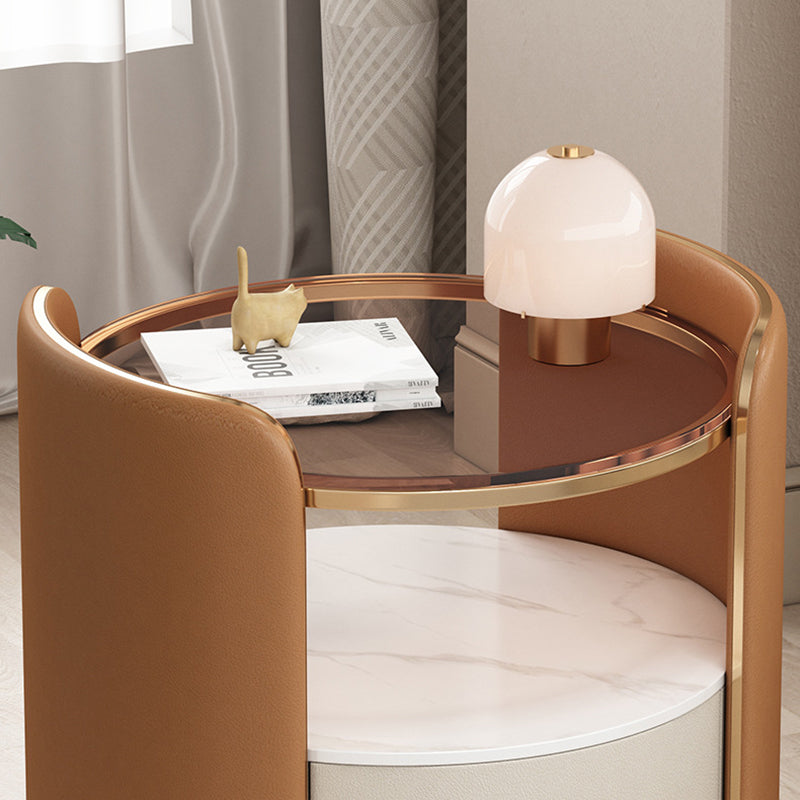Modern Minimalist Glass, Rock Slab & Wood Round Cylinder Nightstand With 1-Drawer For Bedroom & Living Room
