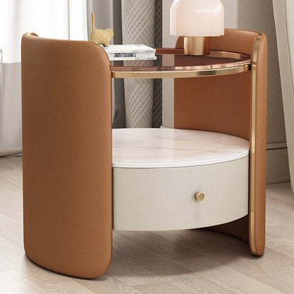 Modern Minimalist Glass, Rock Slab & Wood Round Cylinder Nightstand With 1-Drawer For Bedroom & Living Room