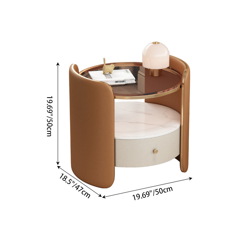 Modern Minimalist Glass, Rock Slab & Wood Round Cylinder Nightstand With 1-Drawer For Bedroom & Living Room