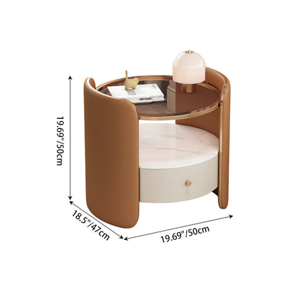 Modern Minimalist Glass, Rock Slab & Wood Round Cylinder Nightstand With 1-Drawer For Bedroom & Living Room