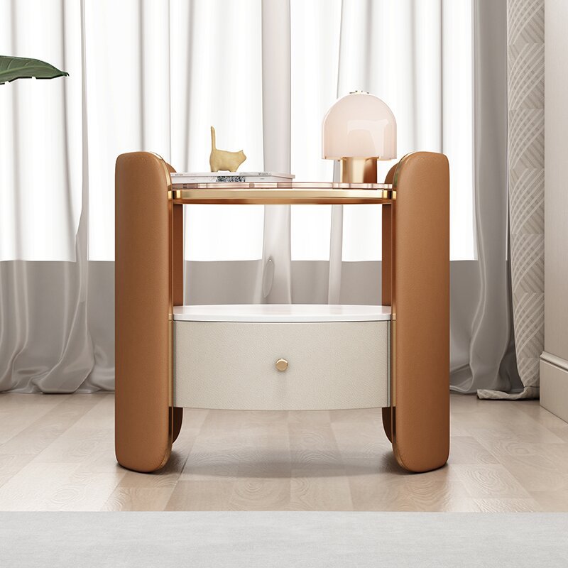 Modern Minimalist Glass, Rock Slab & Wood Round Cylinder Nightstand With 1-Drawer For Bedroom & Living Room