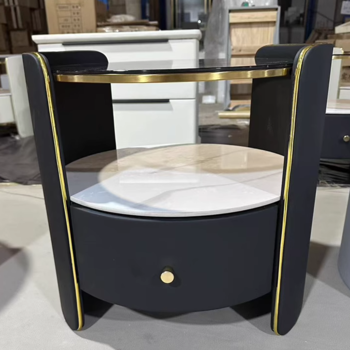 Modern Minimalist Glass, Rock Slab & Wood Round Cylinder Nightstand With 1-Drawer For Bedroom & Living Room