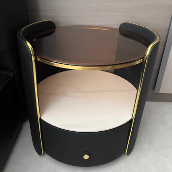 Modern Minimalist Glass, Rock Slab & Wood Round Cylinder Nightstand With 1-Drawer For Bedroom & Living Room